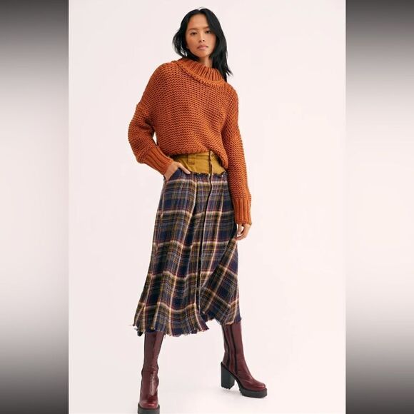NEW FREE PEOPLE AVRIL PLAID MIDI SKIRT - Picture 1 of 3